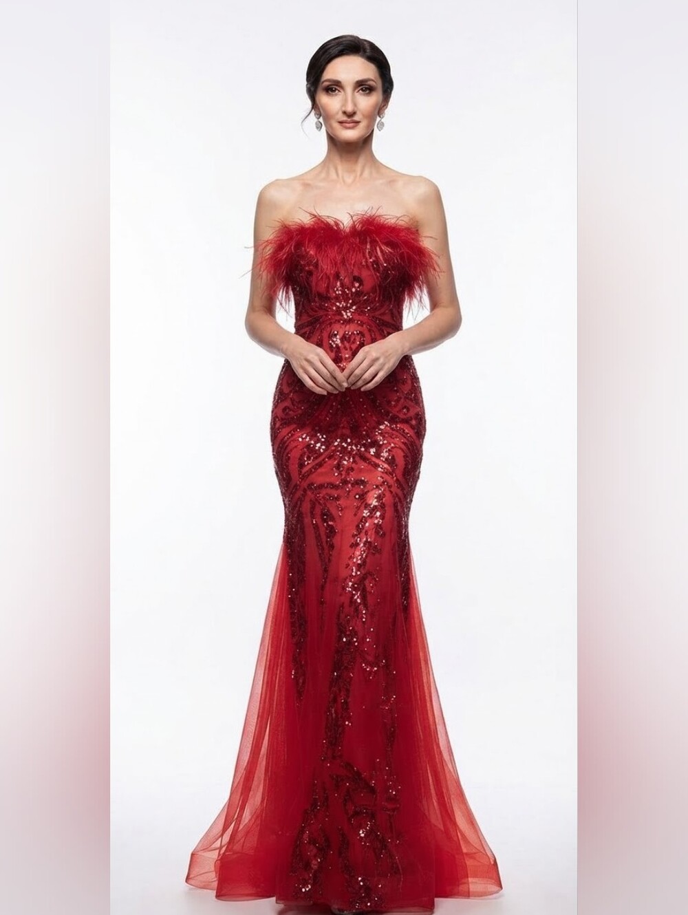 Red, Geometric Print, Ostrich Neckline,  Contrast Sequined Mermaid Maxi Gown
